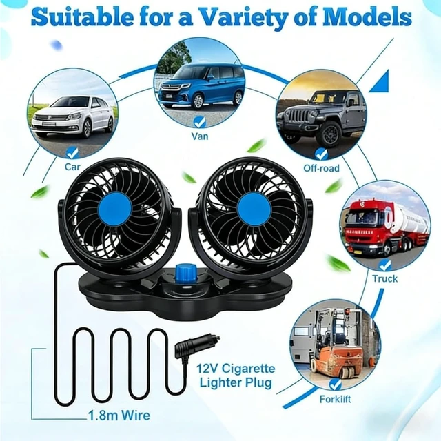 Alt view image 5 of 6 - Vehicle Fan,12V 4 Inch Dual Head 360° Rotatable car fans with 2 Speeds,Quiet Electric Fan for Trucks, Boats, SUVs, Motorhomes - Summer Cooling for Vehicles