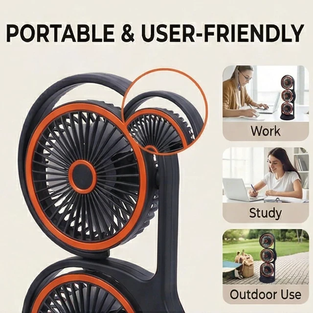 Alt view image 7 of 7 - USB Rechargeable 3 Head Desk Fan Portable Table Fan Office with 360 Air Circulation 5 Speed Settings for Study Work Outdoor (Grey)