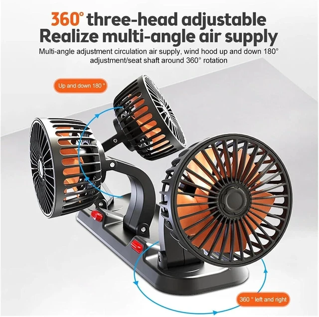 Alt view image 2 of 7 - Car Fan 360° Adjustable 3 Head Air Fan Automotive Electric Fan USB/12V/24V Fan 2 Speeds Car Silent Fan For Home Desk Office&Car(3 Head 24V Car cigar)