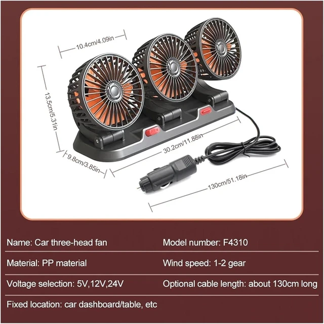 Alt view image 7 of 7 - Car Fan 360° Adjustable 3 Head Air Fan Automotive Electric Fan USB/12V/24V Fan 2 Speeds Car Silent Fan For Home Desk Office&Car(3 Head 24V Car cigar)