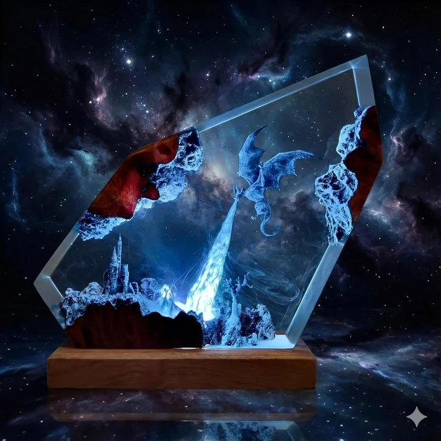 Alt view image 2 of 7 - 3D Fire Dragon Resin Night Light - Colorful LED Light, Handmade Resin Night Light with USB Port, Designed for Bedroom and Office Use - Wrath of Light Epoxy Resin Light