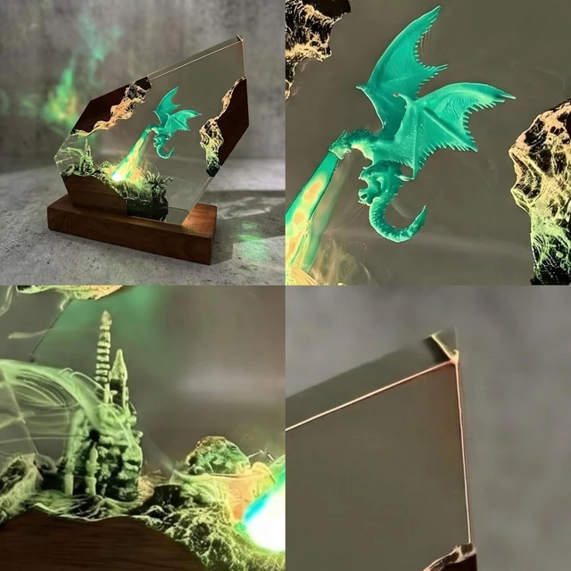 Alt view image 3 of 7 - 3D Fire Dragon Resin Night Light - Colorful LED Light, Handmade Resin Night Light with USB Port, Designed for Bedroom and Office Use - Wrath of Light Epoxy Resin Light