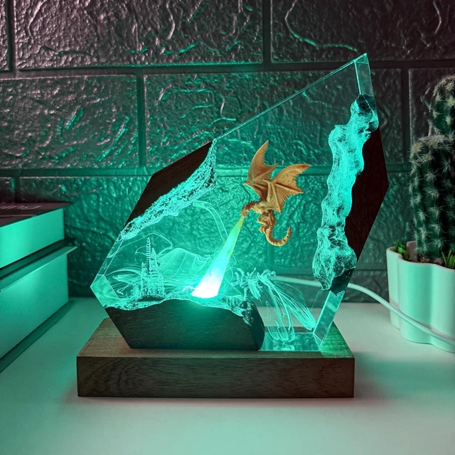 Alt view image 4 of 7 - 3D Fire Dragon Resin Night Light - Colorful LED Light, Handmade Resin Night Light with USB Port, Designed for Bedroom and Office Use - Wrath of Light Epoxy Resin Light