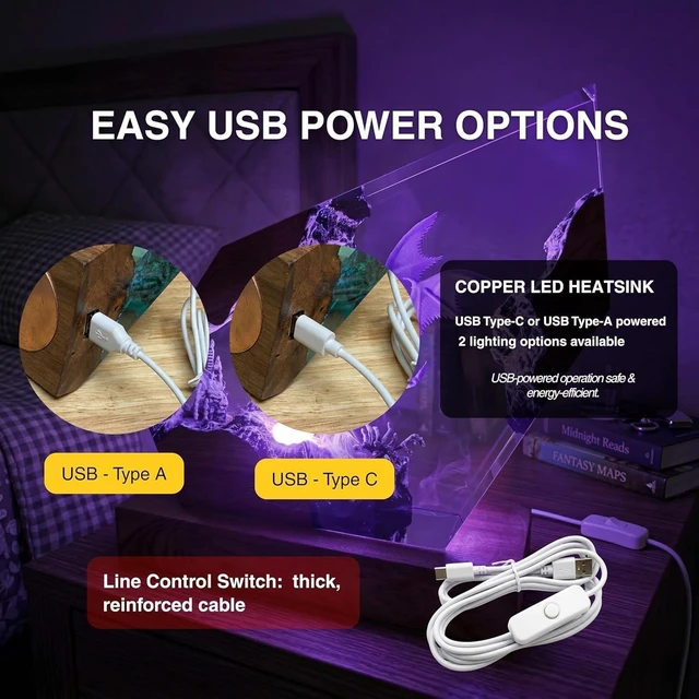 Alt view image 6 of 7 - 3D Fire Dragon Resin Night Light - Colorful LED Light, Handmade Resin Night Light with USB Port, Designed for Bedroom and Office Use - Wrath of Light Epoxy Resin Light