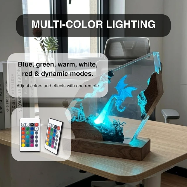 Alt view image 7 of 7 - 3D Fire Dragon Resin Night Light - Colorful LED Light, Handmade Resin Night Light with USB Port, Designed for Bedroom and Office Use - Wrath of Light Epoxy Resin Light