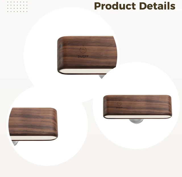 Alt view image 2 of 5 - 2 Pcs Wood Led Lighting Wall Fixture, Rechargeable Bedside Reading Lamp, Black Walnut, 5 X 1 X 1.5 in / 12.7 X 2.6 X 3.9 Cm, 2600Mah