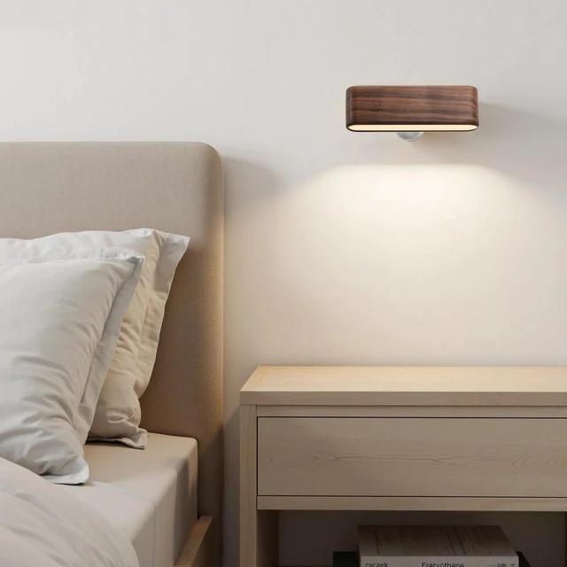 Alt view image 3 of 5 - 2 Pcs Wood Led Lighting Wall Fixture, Rechargeable Bedside Reading Lamp, Black Walnut, 5 X 1 X 1.5 in / 12.7 X 2.6 X 3.9 Cm, 2600Mah