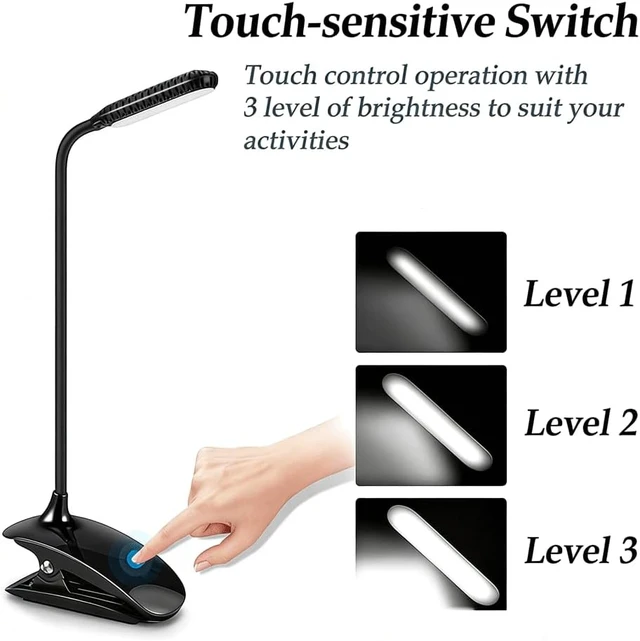 Alt view image 4 of 7 - Portable Rechargeable Reading Light USB Clip LED Lamp Touch Control Three Level Dimming 5500K 6500K Eye Care Lighting Adjustable Angle Compact Design for Home Office Study Camping Desk