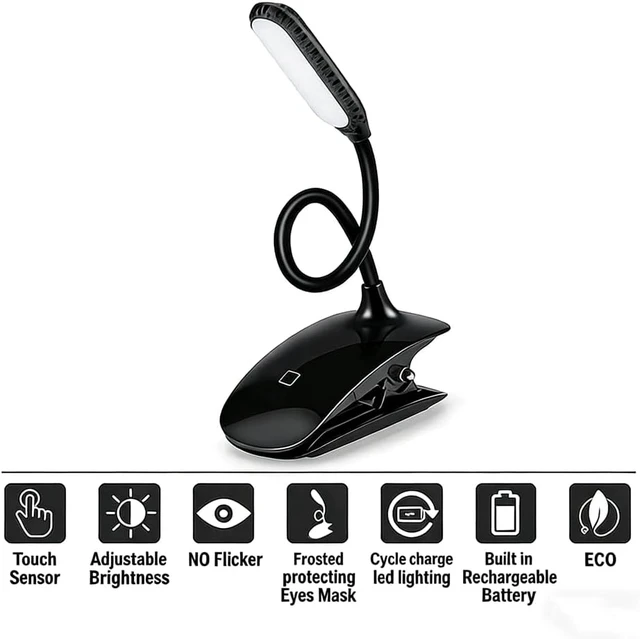 Alt view image 5 of 7 - Portable Rechargeable Reading Light USB Clip LED Lamp Touch Control Three Level Dimming 5500K 6500K Eye Care Lighting Adjustable Angle Compact Design for Home Office Study Camping Desk