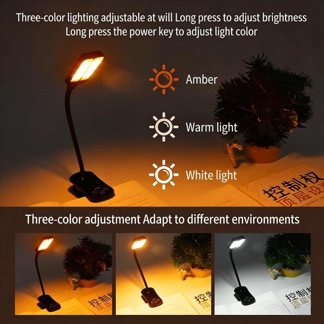 Alt view image 3 of 7 - Rechargeable Clip Reading Light 14 LEDs Three Color Modes Eight Level Stepless Dimming Type C Charging Flexible Three Hundred Sixty Degree Arm Lightweight For Reading Piano And Sheet Music Gif