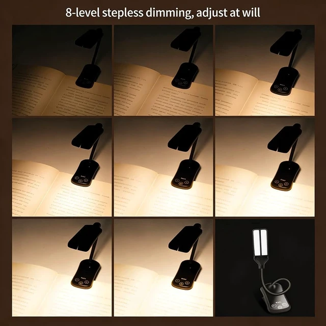 Alt view image 4 of 7 - Rechargeable Clip Reading Light 14 LEDs Three Color Modes Eight Level Stepless Dimming Type C Charging Flexible Three Hundred Sixty Degree Arm Lightweight For Reading Piano And Sheet Music Gif