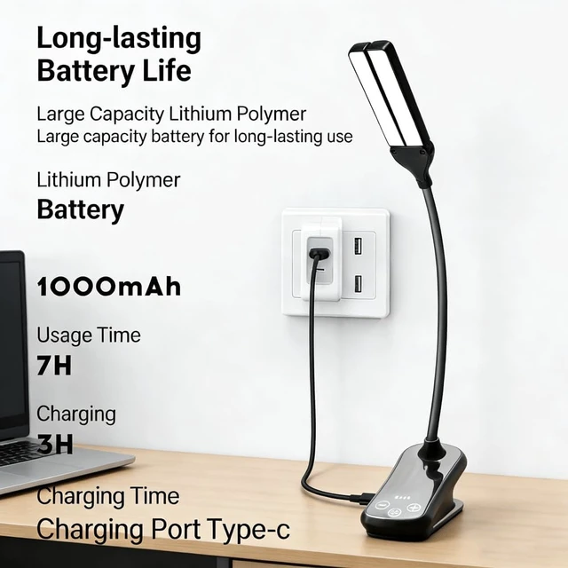 Alt view image 5 of 7 - Rechargeable Clip Reading Light 14 LEDs Three Color Modes Eight Level Stepless Dimming Type C Charging Flexible Three Hundred Sixty Degree Arm Lightweight For Reading Piano And Sheet Music Gif