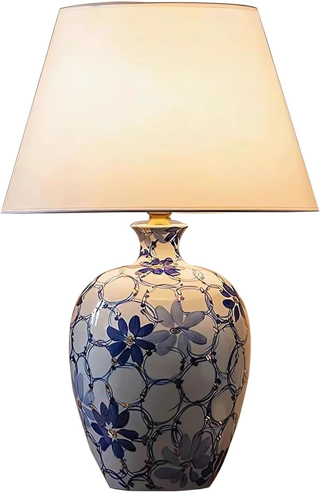 Alt view image 3 of 7 - Hand-Painted Blue & White Gilded Ceramic Table Lamp - 26.3in Tall, Fabric Shade, E27 Base (Max 5W), Push-Button Switch for Living Room, Bedroom, Study Decor