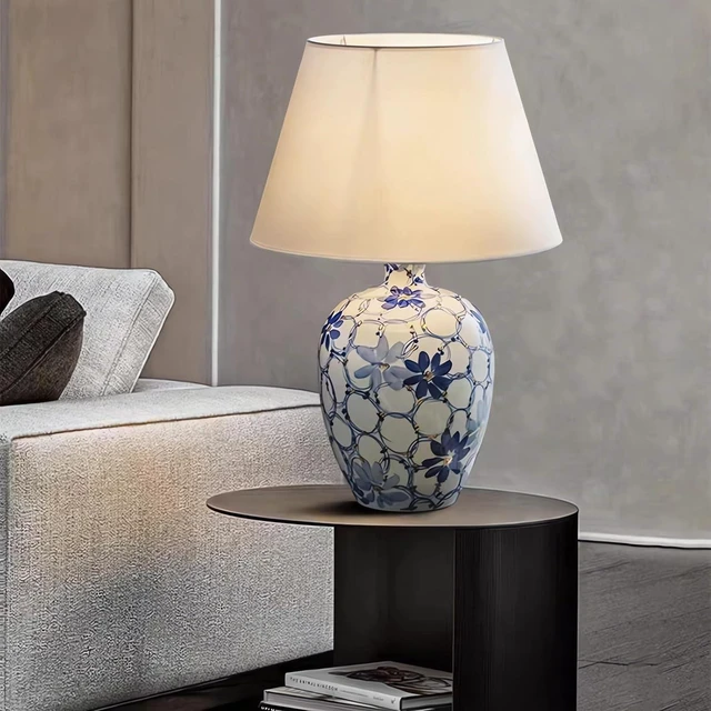 Alt view image 2 of 7 - Hand-Painted Blue & White Gilded Ceramic Table Lamp - 26.3in Tall, Fabric Shade, E27 Base (Max 5W), Push-Button Switch for Living Room, Bedroom, Study Decor