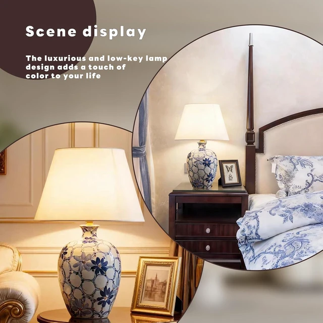 Alt view image 4 of 7 - Hand-Painted Blue & White Gilded Ceramic Table Lamp - 26.3in Tall, Fabric Shade, E27 Base (Max 5W), Push-Button Switch for Living Room, Bedroom, Study Decor