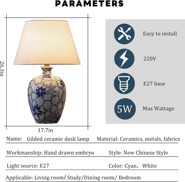 Alt view image 5 of 7 - Hand-Painted Blue & White Gilded Ceramic Table Lamp - 26.3in Tall, Fabric Shade, E27 Base (Max 5W), Push-Button Switch for Living Room, Bedroom, Study Decor