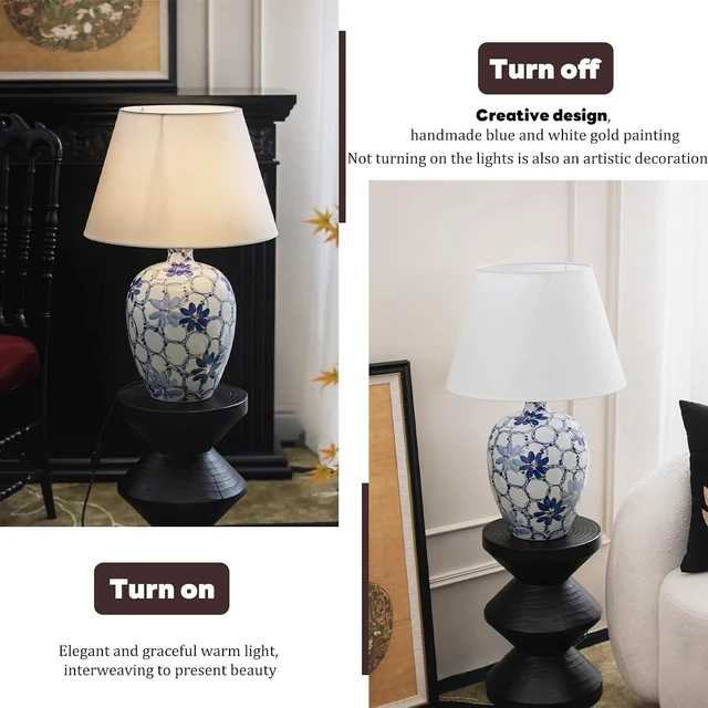 Alt view image 6 of 7 - Hand-Painted Blue & White Gilded Ceramic Table Lamp - 26.3in Tall, Fabric Shade, E27 Base (Max 5W), Push-Button Switch for Living Room, Bedroom, Study Decor