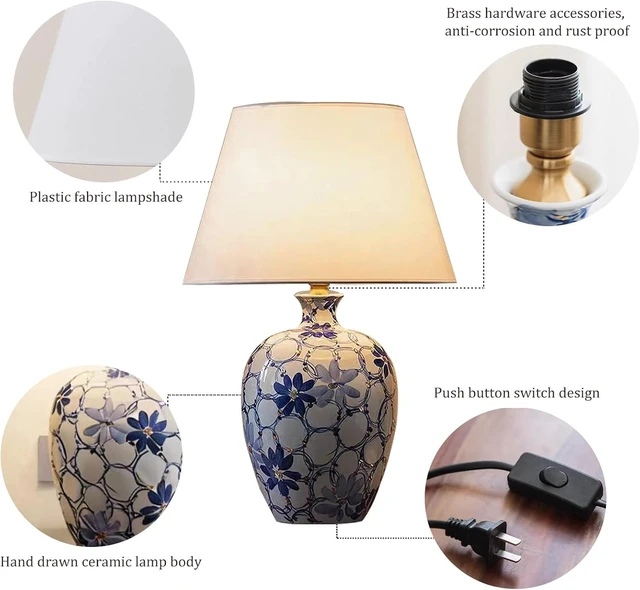 Alt view image 7 of 7 - Hand-Painted Blue & White Gilded Ceramic Table Lamp - 26.3in Tall, Fabric Shade, E27 Base (Max 5W), Push-Button Switch for Living Room, Bedroom, Study Decor