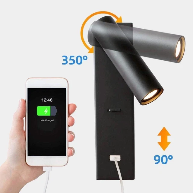 Alt view image 3 of 6 - USB Rechargeable LED Wall Lamp - Adjustable Bedside Reading Light with Switch for Bedroom & Study, Black (4000K, Energy Class A+)