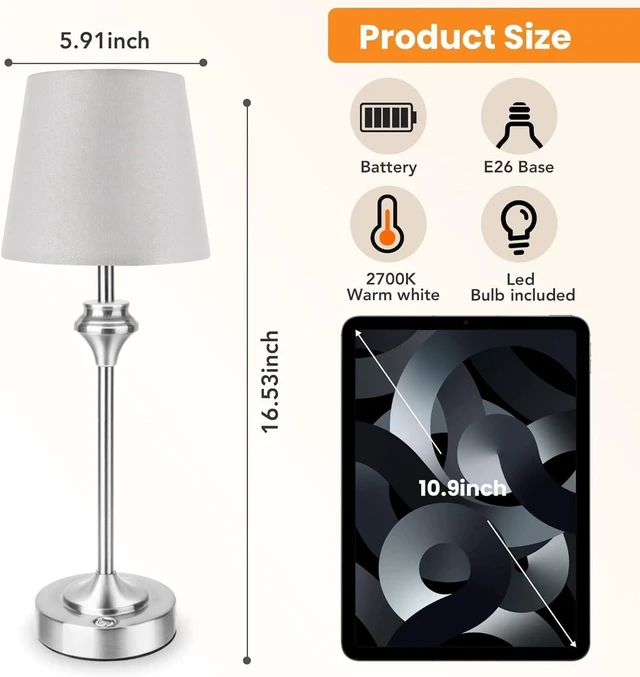 Alt view image 2 of 5 - Practical Touch Portable Cordless Table Lamp Battery Powered, 3-Way Dimmable, Beige Shade with Silver Base for Living Room & Office