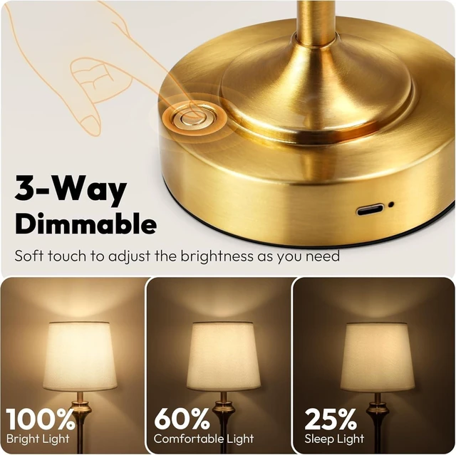 Alt view image 5 of 5 - Practical Touch Portable Cordless Table Lamp Battery Powered, 3-Way Dimmable, Beige Shade with Silver Base for Living Room & Office