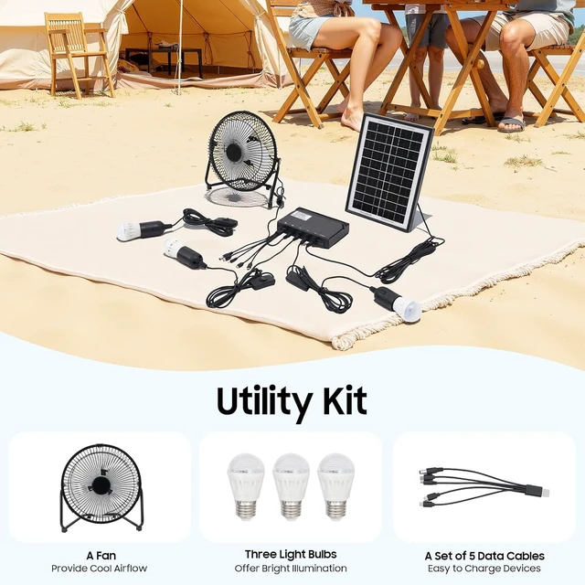 Alt view image 3 of 7 - Solar Lighting & Fan Kit, Solar Powered Fan with 3 Bulbs, Lighting & Fans Dc System Kit for Home Lighting Outdoor Camping Garden, with USB Charger System