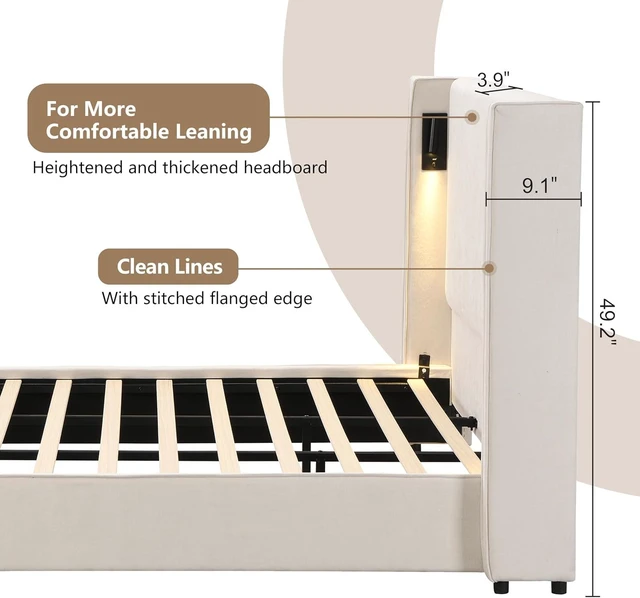 Alt view image 2 of 7 - King Size Upholstered Bed Frame with High Wingback Headboard, Reading Lamp & USB Port, Beige Soft Fabric, No Box Spring Needed, Ideal for Bedroom Reading Device Charging Relaxing