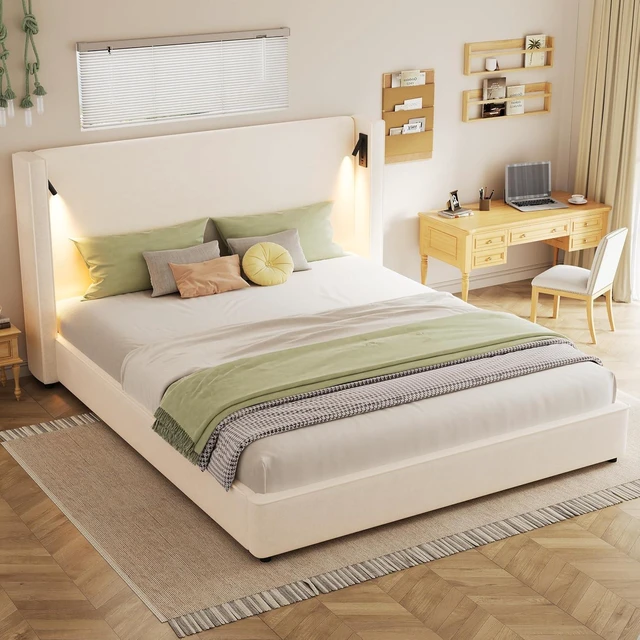 Alt view image 3 of 7 - King Size Upholstered Bed Frame with High Wingback Headboard, Reading Lamp & USB Port, Beige Soft Fabric, No Box Spring Needed, Ideal for Bedroom Reading Device Charging Relaxing
