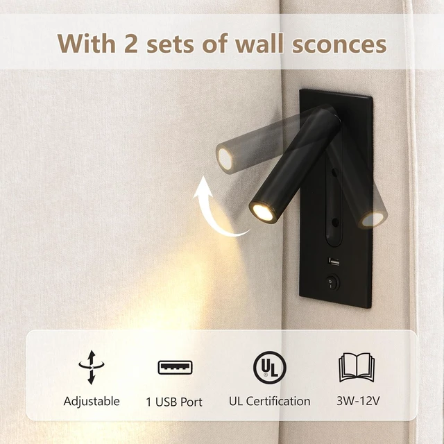 Alt view image 4 of 7 - King Size Upholstered Bed Frame with High Wingback Headboard, Reading Lamp & USB Port, Beige Soft Fabric, No Box Spring Needed, Ideal for Bedroom Reading Device Charging Relaxing