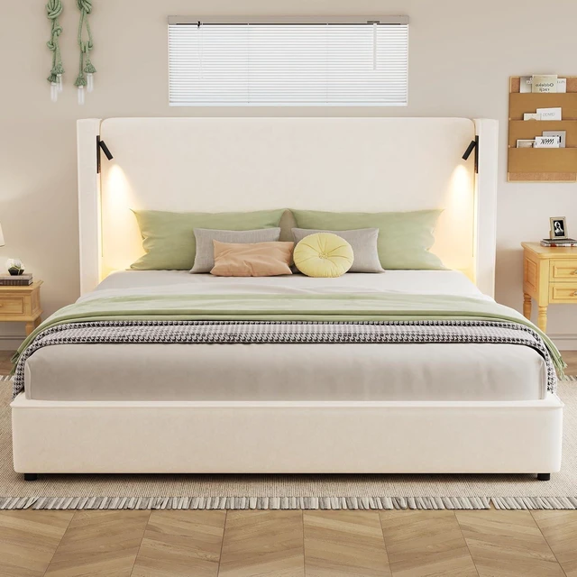 Main image of King Size Upholstered Bed Frame with High Wingback Headboard, Reading Lamp & USB Port, Beige Soft Fabric, No Box Spring Needed, Ideal for Bedroom Reading Device Charging Relaxing