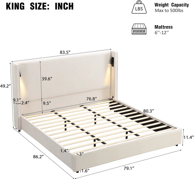 Alt view image 6 of 7 - King Size Upholstered Bed Frame with High Wingback Headboard, Reading Lamp & USB Port, Beige Soft Fabric, No Box Spring Needed, Ideal for Bedroom Reading Device Charging Relaxing