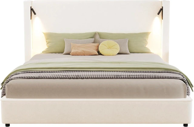 Alt view image 7 of 7 - King Size Upholstered Bed Frame with High Wingback Headboard, Reading Lamp & USB Port, Beige Soft Fabric, No Box Spring Needed, Ideal for Bedroom Reading Device Charging Relaxing