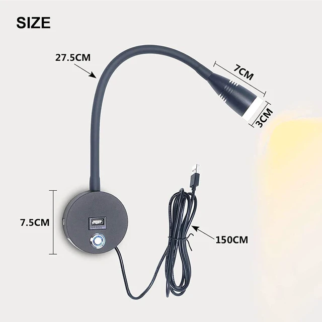 Alt view image 2 of 7 - LED Reading Lamp Wall Mounted Dimmable Wall Lights with Touch Switch & USB Charging Port, 360° Flexible Gooseneck Wall Lamp Black Wall Sconces Lighting 2 Pack with USB Charger