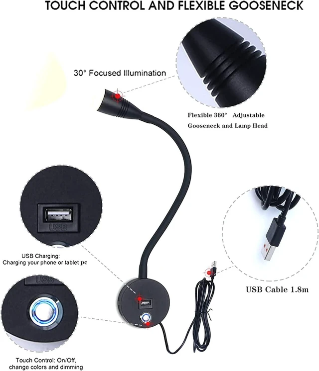 Alt view image 7 of 7 - LED Reading Lamp Wall Mounted Dimmable Wall Lights with Touch Switch & USB Charging Port, 360° Flexible Gooseneck Wall Lamp Black Wall Sconces Lighting 2 Pack with USB Charger