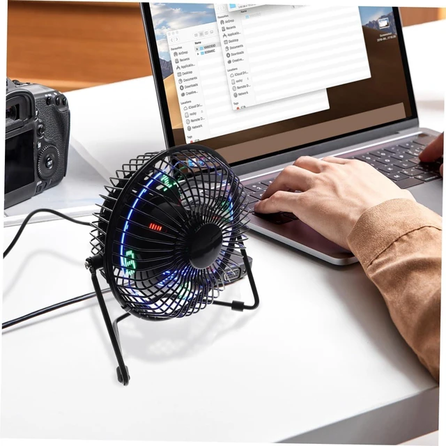 Alt view image 6 of 7 - Mini Desktop USB Clock Fan with LED Message and Temperature Display Portable Metal Frame Motor Rotation Quiet Cooling for Office and Home Use
