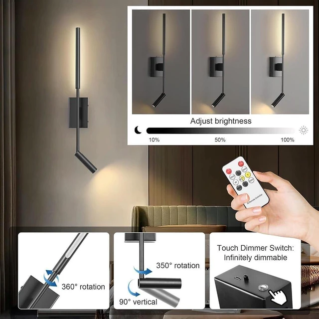Alt view image 2 of 7 - Rechargeable Rotatable Wall Lamp with Remote Control - 2 Flame Dimmable 4W+5W Cordless USB Reading Light, Warm White Adjustable Battery Bedside Lamps - Set of 2