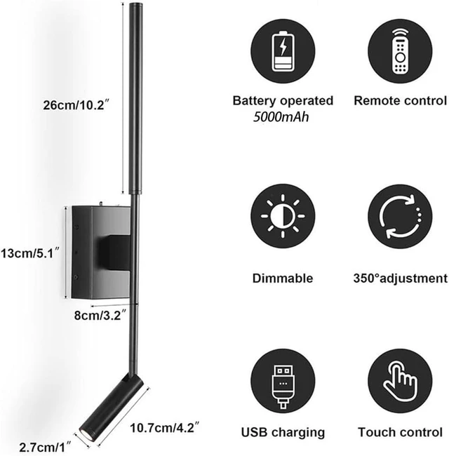 Alt view image 3 of 7 - Rechargeable Rotatable Wall Lamp with Remote Control - 2 Flame Dimmable 4W+5W Cordless USB Reading Light, Warm White Adjustable Battery Bedside Lamps - Set of 2