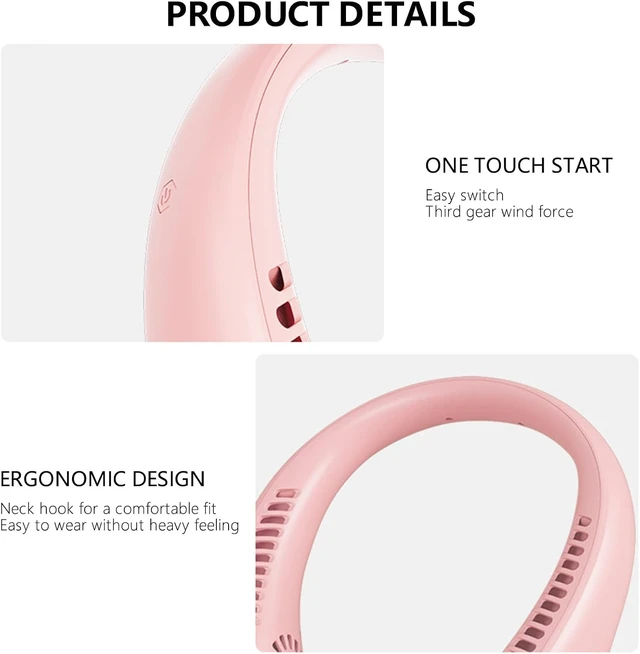 Alt view image 4 of 7 - Portable Bladeless Neck Fan Hands Free Neck Fans Rechargeable Necklace Fan 360° Cooling Necklace Fan 3 Speeds Hanging Neck Fan for Sports Outdoor Travel (Pink) (White)
