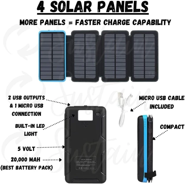 Alt view image 2 of 4 - Four (4) Panel Solar POWERBANK with Built in Light and Micro-USB Chord (Blue)