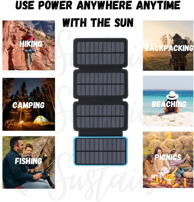 Alt view image 4 of 4 - Four (4) Panel Solar POWERBANK with Built in Light and Micro-USB Chord (Blue)