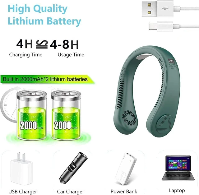 Alt view image 7 of 7 - Portable Cooling Neckband Fan, USB Bladeless Hanging Neck Fan with Cooling Chip and 3 Speeds, Mini Air Cooler Hands Free for Sport Hiking Running, LED Intelligent Display Green Upgrade