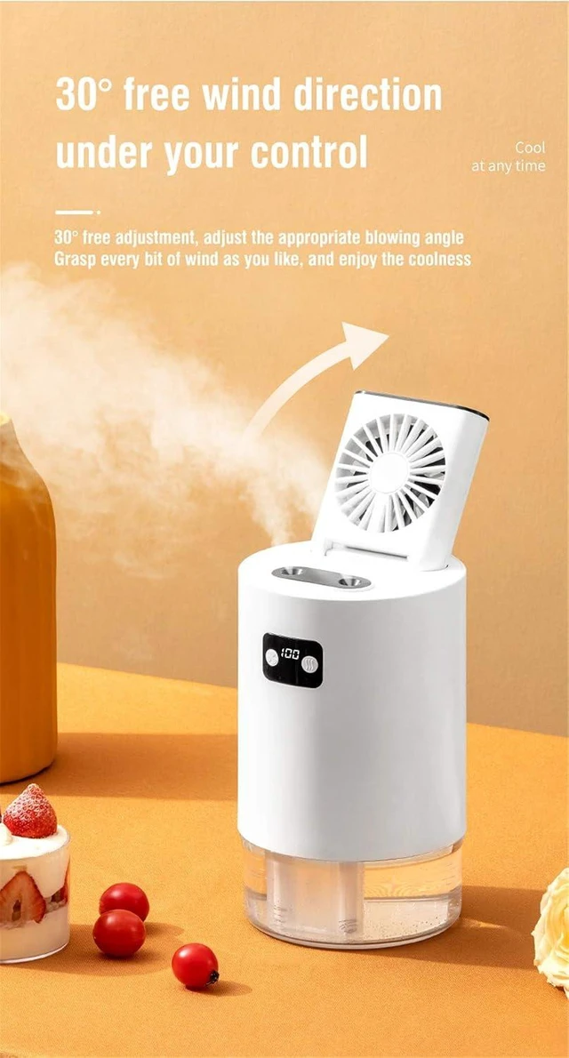 Alt view image 2 of 7 - Dual spray Humidifier Water-Cooled Fan,30°Free adjustment,1L Water,4000Ah Battery,Multi-Purpose,USB Rechargeable,3 Speeds,For Bedroom,office,hotel(White)