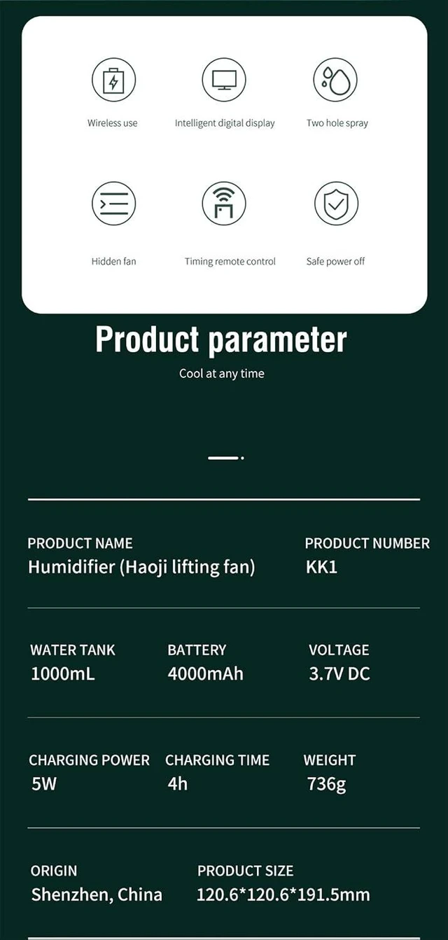 Alt view image 4 of 7 - Dual spray Humidifier Water-Cooled Fan,30°Free adjustment,1L Water,4000Ah Battery,Multi-Purpose,USB Rechargeable,3 Speeds,For Bedroom,office,hotel(White)