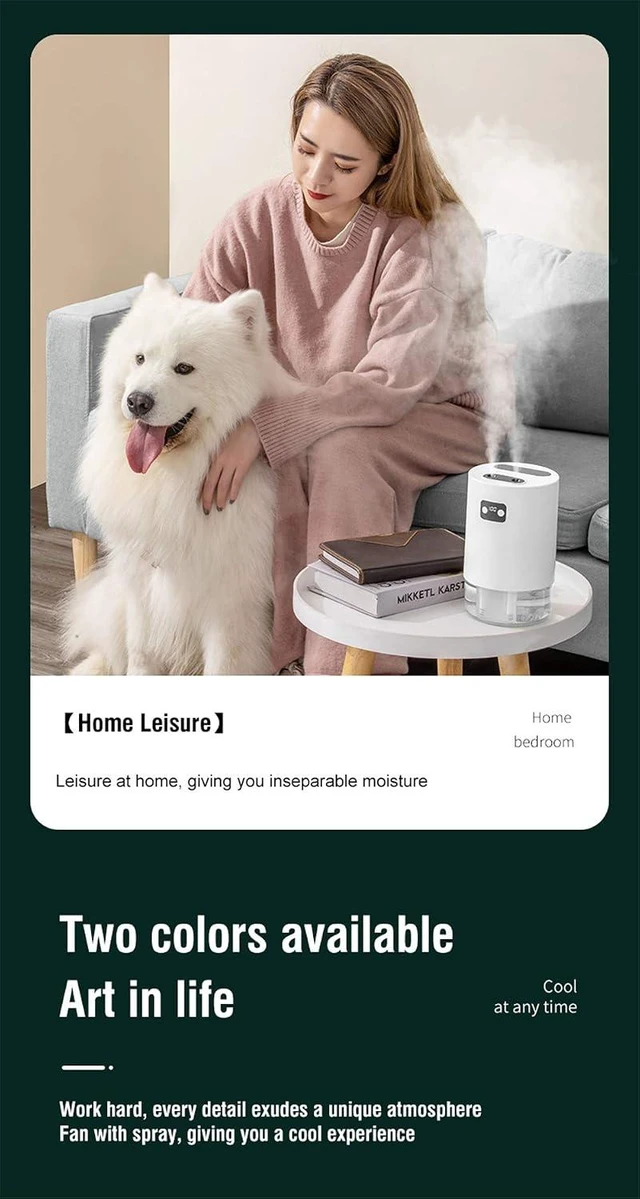 Alt view image 6 of 7 - Dual spray Humidifier Water-Cooled Fan,30°Free adjustment,1L Water,4000Ah Battery,Multi-Purpose,USB Rechargeable,3 Speeds,For Bedroom,office,hotel(White)