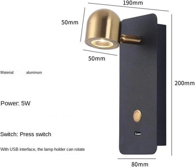 Alt view image 3 of 6 - Interior Simple Decorative Wall Lamp Bedroom Bedside Reading Lamp Key Switch USB Rechargeable Bedside Wall Lights