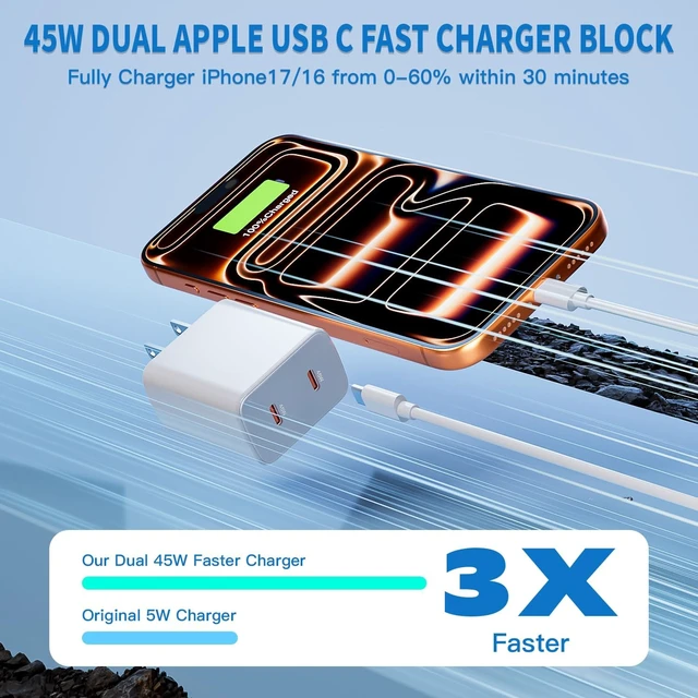 Alt view image 2 of 7 - 45W Apple 17 16 15 Fast USB C Charge Block, 2-Pack Apple Charger Plug & 10FT Long USB C Cable Cords,iPhone 17 Charger Fast Charging,Compatible with iPhone 17/16/15/Air/Pro/Pro Max/e/Plus/iPad/AirPods
