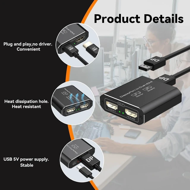 Alt view image 7 of 7 - Displayport to Dual HDMI Splitter Extended for Double Screen 4K@60Hz Display Port to 2 HDMI Adapter for Computer Graphics Cards Support MST & SST Mode