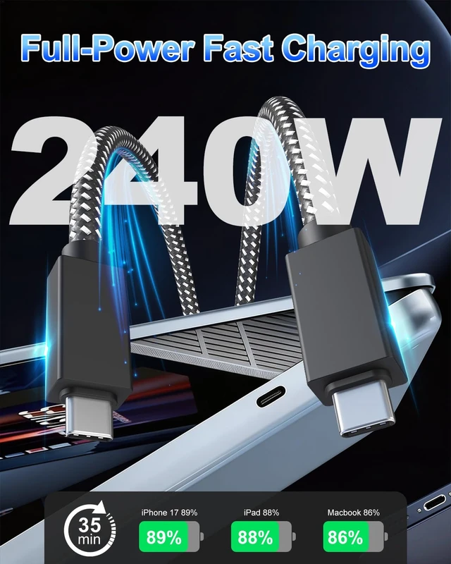 Alt view image 4 of 7 - USB C to USB C Cable 30Ft, 240W Fast Charging, 20Gbps Data, 4K 60Hz Video
