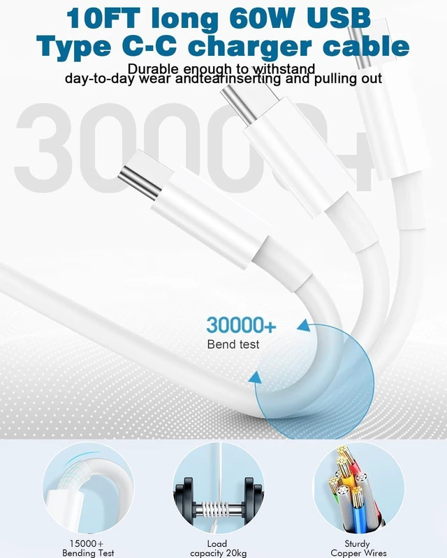 Alt view image 5 of 7 - 10FT Apple iPhone 17 16 Charger,2 Pack Extra Long 10 Foot Type C Cable Cord