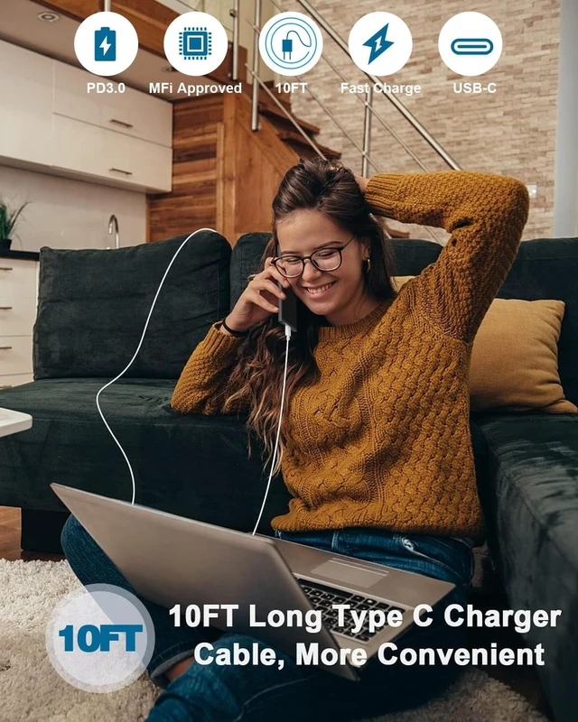 Alt view image 7 of 7 - 10FT Apple iPhone 17 16 Charger,2 Pack Extra Long 10 Foot Type C Cable Cord
